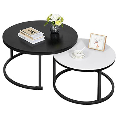 YITAHOME Nesting Coffee Table Set of 2, Modern Round Stacking Circle Coffee Tables with Storage, Wooden Top Metal Frame End Side Cocktail Tea Center - WoodArtSupply