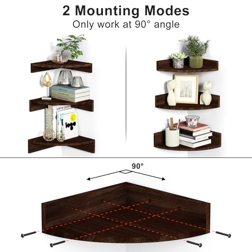 Alsonerbay Corner Shelf Wall Mount, Set of 3 Floating Shelves for Storage and Display, Rustic Wood Shelves for Bedroom, Kitchen, Living Room, Nursery and Office (Dark Brown) Alsonerbay