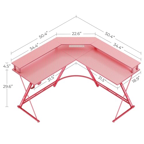SEVEN WARRIOR Gaming Desk 50.4” with LED Light & Power Outlets, L-Shaped Gaming Desk Carbon Fiber Surface with Monitor Stand, Ergonomic Gamer Table with Headphone Hook, Pink SEVEN WARRIOR