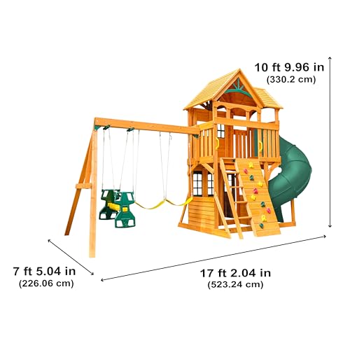 KidKraft Buffalo Crossing Wooden Swing Set with Playhouse, Rock Wall, Tube Slide and Glider KidKraft