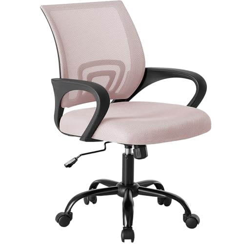 DUMOS Office Desk Chair - Ergonomic Mid Back with Lumbar Support & Rocking Mode, Height Adjustable with Fixed Armrest, Storage Back for Computer, Gaming, Conference, Meeting Room, 360° Swivel, Pink DUMOS