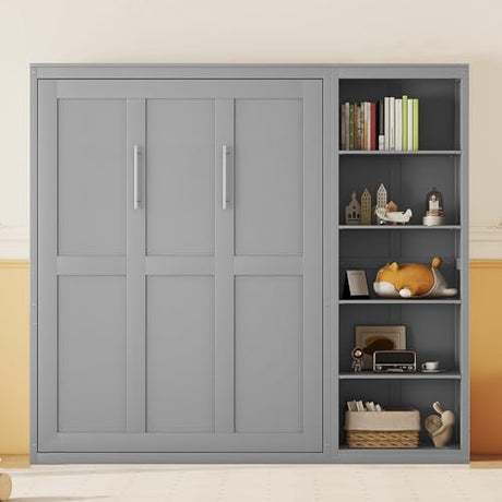 Merax Queen Size Murphy Bed, Wood Queen Wall Bed Frame with Shelves, for Home, Office or Small Room, Gray Merax