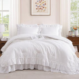 AMBERSPACE Queen Comforter Set White, Ruffle Shabby Chic Bedding Set Farmhouse 7 Pieces, All Season Fluffy Bed in a Bag with Sheets, Pillowcases & Shams AMBERSPACE