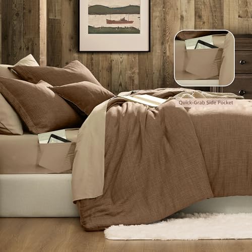 Geniospin King Size Comforter Set - 7 Pieces Brown Comforter King Size, Soft Solid Bedding Set for All Season, Textured Bed in a Bag with Sheets, Pillowcases & Shams Geniospin