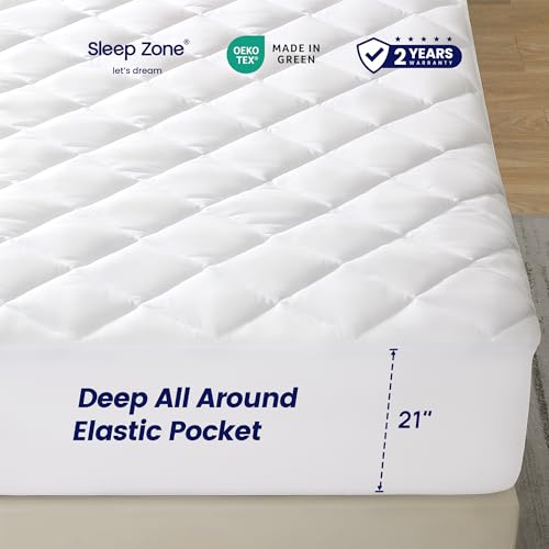 SLEEP ZONE Mattress Cover Queen Size Bed, Quilted Fitted Mattress Pad, Deep Pocket Mattress Protector Stretches up to 21 inches, Pillowtop Breathable Mattress Topper (White, 60x80) SLEEP ZONE
