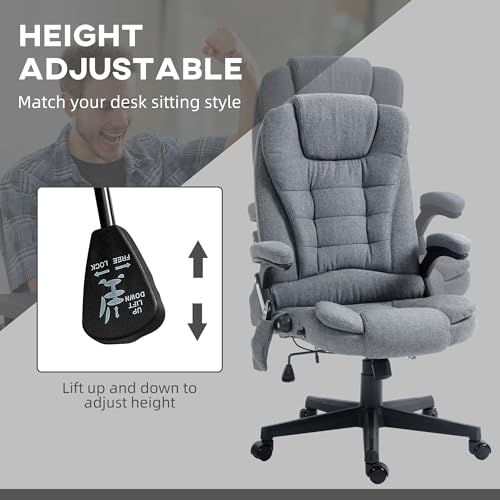 Vinsetto 6 Point Vibrating Massage Office Chair with Heat, Linen High Back Executive Office Chair with Reclining Backrest, Padded Armrests and Remote, Gray HOMCOM
