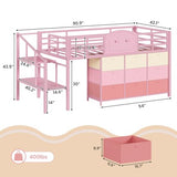 VIAGDO Low Loft Bed Twin Size with 9 Storage Drawers and LED Lights, Metal Twin Loft Bed with Stairway Shelf Storage, Low Loft Bed with Safety Guardrail and Under-Bed Hideaway for Kids, Pink VIAGDO