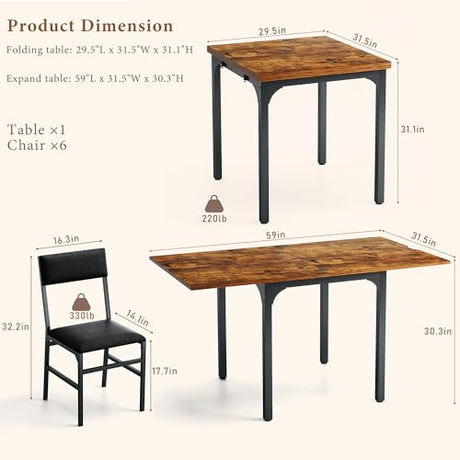 7-Piece Dining Table Set for 4-6, Extendable Kitchen Table Cushion Chairs Set of 6 with 6 Chairs, Rectangle Dining Table with Metal Frame & MDF Board, Folding for Small Apartment Saving Space, Rustic HUAHUU
