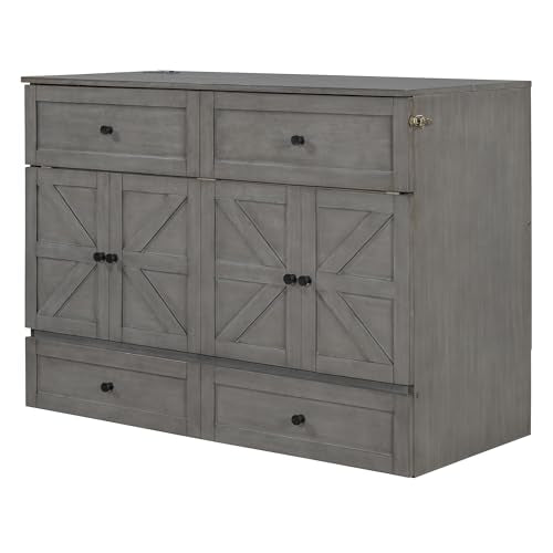 YOPTO Full Size Murphy Bed Chest,Folding Storage Wall Bed with Large Drawers,USB Ports & 2 Three-Prong Outlets,Hidden Cabinet Platform Bed W/Wood Slats Support,for Bedroom,Guest Room,Brushed Gray YOPTO