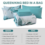 Dobuyly Floral Comforter Set Queen Size 7 Piece Bed in a Bag, Aqua Flowers Printed on Light Blue Comforter Set with Sheets, Soft Polyester Botanical Complete Bedding Set for All Season Dobuyly