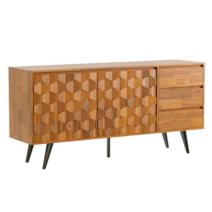 Bme Sideboard Georgina Solid Wood 2 Doors & 3 Drawers, 61'' Mid Century Modern Cabinet with Geometric Pattern for Kitchen, Dining, Living Room, Teak
