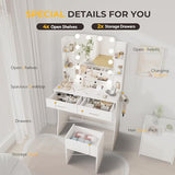 Otterease Vanity Desk with LED Lighted Mirror, Makeup Vanity with 3 Adjustable Lights, 2 Large Drawers and 4 Open Shelves, White Vanity with Storage Stool for Bedroom Otterease