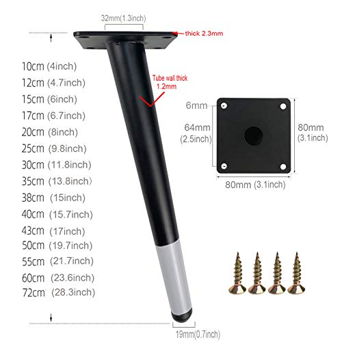 Black Gray Furniture Table Leg,Iron Round Tapered Sofa Legs,Slant Metal Cabinet Feet Furniture Leg Hardware,Replacement for Coffee Table Cupboard Chair,Height 10-72cm,4 Pack (72cm/28.3inch) (Black，gr WoodArtSupply