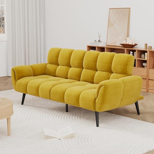 HIPIHOM Convertible Futon Sofa Bed, 76.77" Modern Linen Futon Couch, Comfy Sleeper Sofa with Adjustable Backrests, Couch Bed for Small Spaces, Living Room, Bedroom, Apartment, Yellow HIPIHOM