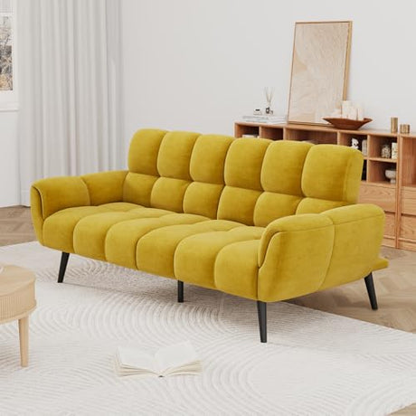 HIPIHOM Convertible Futon Sofa Bed, 76.77" Modern Linen Futon Couch, Comfy Sleeper Sofa with Adjustable Backrests, Couch Bed for Small Spaces, Living Room, Bedroom, Apartment, Yellow HIPIHOM