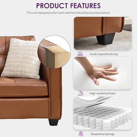TYBOATLE 65" Faux Leather Sofa Couches for Living Room, Mid-Century Modern Tufted Comfy Loveseat w/USB Charging Ports and Wide Arms, 2 Seater Office Small Couch for Small Space Bedroom, Brown TYBOATLE