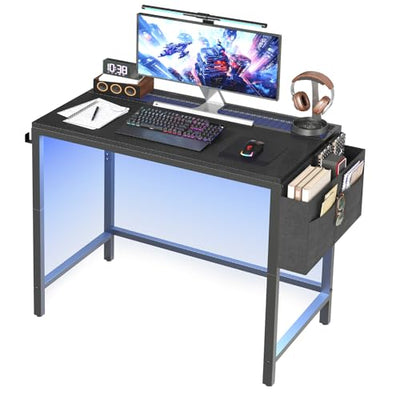 YATINEY Computer Desk with LED Lights, Gaming Desk with Storage Bag and Breathable Mesh Desktop, Home Office Desk with Headphone Hook, for Home Office, Gaming Room, Black and Gray DN07DBB