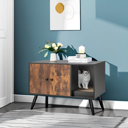 Tangkula Cat Litter Box Enclosure, Cat Washroom W/Divider, Scratching Pad, Metal Leg, Enclosed Cat Box Cabinet Pet House W/Double Doors, Litter Box Furniture Hidden for Large Cat (Rustic Brown) Tangkula