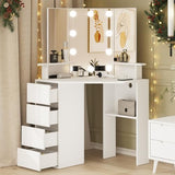 Fameill Corner Vanity Desk with Mirror and Lights, Makeup Vanity Table with Charging Station, Corner Vanity with 4 Drawers and Shelves, 3 Lighting Modes, Brightness Adjustable, for Women Girls Fameill