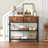 HOOBRO 29.5" Narrow Console Table with Power Outlet, Small Entryway Table with 2 Fabric Drawers, Behind Couch Table Sofa, 3-Tier Storage Shelves, for Living Room, Hallway, Rustic Brown BF72UXG01 HOOBRO