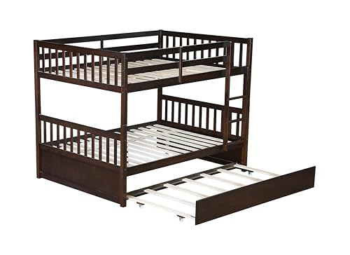 PVWIIK Full Over Full Bunk Bed for Kids Adults Teens Bedroom,Solid Wood Bunk Bed with Trundle & Ladder & Safety Guardrail,Convertible to 2 Separated Bed & No Box Spring Needed, Espresso PVWIIK