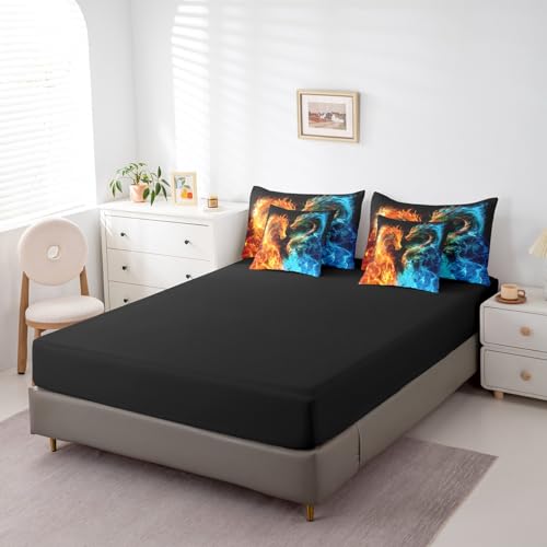 Feelyou Dragon Bedding Set 7 Piece Fire and Ice Dragon Couple King Comforter Set with Sheets for Kids Boys Girls Decor Wild Animal Bed in a Bag Safari Theme Bed Set Feelyou