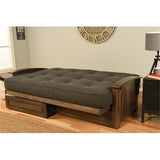 BOWERY HILL Queen-Size Wood Futon Sofa Bed with Storage, Aqua Blue Hand-Tufted Mattress, Rustic Walnut Brown Frame, Solid Hardwood Construction, 87 x 37 x 33 in, Sofa Height Seating, Sit Lounge Sleep BOWERY HILL