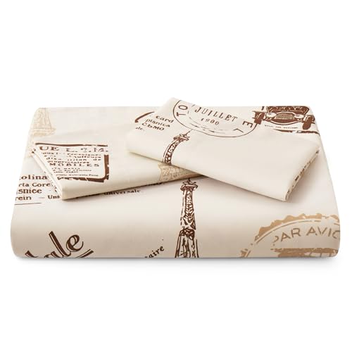 Marina Decoration Ultra Soft Silky Zipper Rich Printed Rayon from Bamboo All Season 2 Pieces Duvet Cover Set with 1 Pillowcase, Eiffel Tower Ivory Pattern Twin/Single Size Marina Decoration