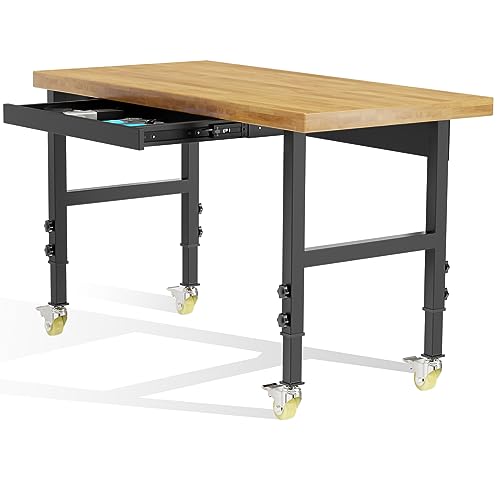 48” Adjustable Wood Work Bench, Heavy Duty Work Table with Power Outlets & Drawers Wheels for Workshop, Garage, 3000 Lbs Capacity Maemttes