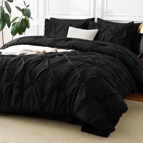 CozyLux Queen Comforter Set Black, 7 Pieces Pintuck Bed in A Bag, Premium Black Comforter Queen Size, Pinch Pleat Bedding Sets with Comforter, Sheets, Pillowcases & Shams CozyLux