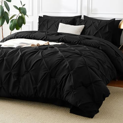 CozyLux California King Comforter Set Black - 7 Pieces Cal King Pintuck Bed in A Bag Gift for Family, Pinch Pleat Bedding Sets with All Season Comforter, Sheets, Pillowcases & Shams