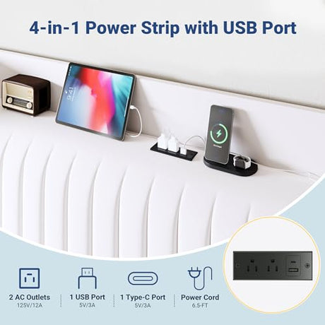 Allewie King Size Platform Bed Frame with USB Charging Station and Storage Shelf/Upholstered Velvet Wingback Headboard/Wooden Slats Support/No Box Spring Needed/Easy Assembly, White Allewie