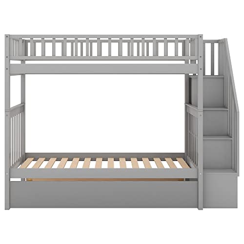 Harper & Bright Designs Bunk Beds Twin Over Twin Size, Solid Wood Bunk Beds with Trundle and Stairs for Kids,Toddler,Teens,Adults (Grey, Bunk Bed with Trundle) Harper & Bright Designs