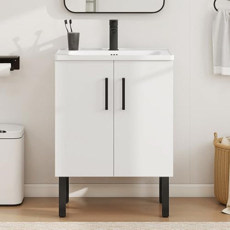 YITAHOME 24 Inch Bathroom Vanity with Ceramic Sink, Freestanding Bathroom Cabinet Vanity for Small Space, Soft Closing Doors with 2 Built-in Shelves, White YITAHOME
