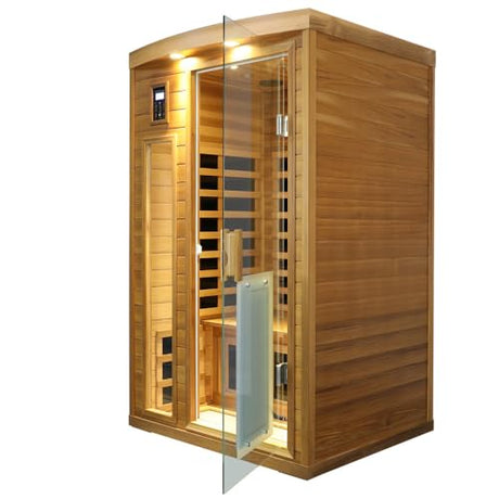 2 Person Low EMF Infrared Sauna for Home, Red Cedar Wood Far Infrared Saunas, 1750watt Indoor Personal Sauna Room with Door Heating Panels, Blue-tooth, 7-Color Chromotherapy Lights, 2 Outdoor Lamps Kanlanth