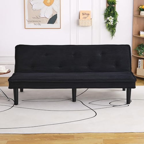 ODOLAR 66” Armless Corduroy Sofa Bed, 2-in-1 Convertible Sleeper Sofa with Tufted Back, Soft Skin-Friendly Fabric Small Futon for Apartments, Living Room, Bedroom (Black) ODOLAR