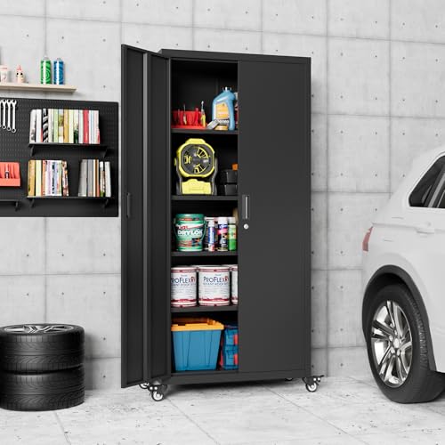 Metal Storage Cabinet with Wheels, 73"H Garage Storage Cabinet with 4 Adjustable Shelves and Locking Doors, Industrial Storage Cabinet for Garage Home Office Utility Room (Black)-Required Assembly Reemoon