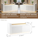 63" L-Shaped Reception Desk with LED Lights and Slatted Grille, Modern Front Desk with Built-in Outlets for Salon, Retail Store,Office,White Checkout Counter with Dimmable Switch,Reception Counter Laxodor