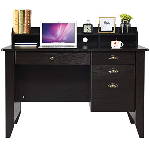 Catrimown Computer Desk with Drawers and Hutch, Wood Office Desk Teens Student Desk Study Table Writing Desk for Bedroom Small Spaces Furniture with Storage Shelves, Espresso Brown - WoodArtSupply