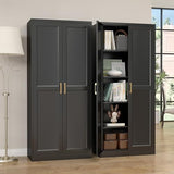 SteeLoong Kitchen Pantry Cabinet,71”Black Metal Pantry Storage Cabinet with Doors and 4 Adjustable Shelves,Kitchen Cabinet with 2 Gold Handles,Tall Cabinet for Livingroom,Pantry, Bathroom SteeLoong