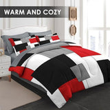 WeCozy 7 Pcs Queen Size Comforter Set with 2 Pillowcases & 2 Shams, Red and Black Geometric Bedding for Kids and Adults, Abstract Gray Bed in a Bag with Flat Fitted Sheet WeCozy