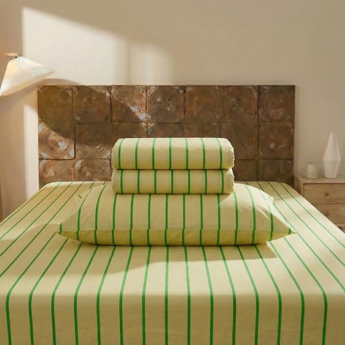 Merryword 100% Cotton Sheet Set Queen Size, Khaki & Green Stripes Bedding, Soft Breathable Percale Weave, Modern Minimalist, Luxury Linen Like, Deep Pocket Fitted Sheet 17.5" Merryword