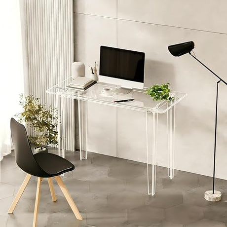Acryve Acrylic Desk - Clear Acrylic Table, Modern Home Office Study Table, Extended Surface Multi-Purpose Console, Sturdy Lightweight Workstation for Small Spaces (Transparent-L) Acryve