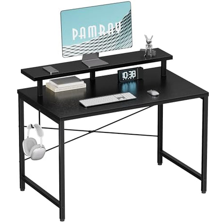 Pamray 32 Inch Small Computer Desk with Monitor Stand, Simple Office Desk with Headphone Hook for Small Spaces, Kids Study Writing Table for Bedroom, Black Pamray