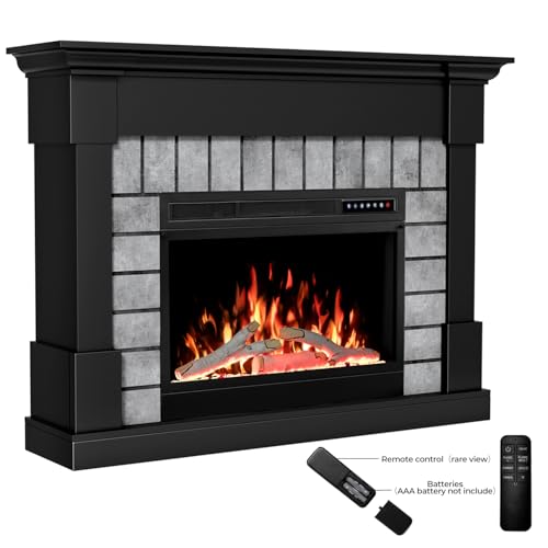 50”Electric Fireplace Mantel Wooden Surround Firebox, TV Stand with Freestanding Electric Fireplace, Adjustable Flame, Temperatures, Remote Control, 750W/1500W Black Electactic