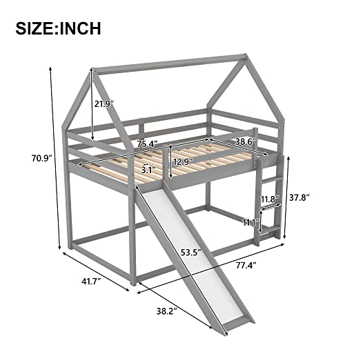 MERITLINE Twin Over Twin House Bunk Beds with Slide, Low Floor Bunk Bed for Kids, Girls, Boys,Grey MERITLINE