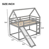 MERITLINE Twin Over Twin House Bunk Beds with Slide, Low Floor Bunk Bed for Kids, Girls, Boys,Grey MERITLINE