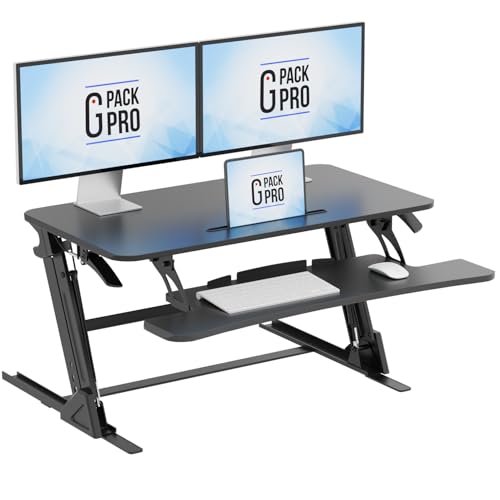 G-PACK PRO 36″ Wide Standing Desk Converter – Sit-to-Stand Workstation for Dual Monitors, Height Adjustable Up to 17.3″ with Large Keyboard Tray – Black G-PACK PRO