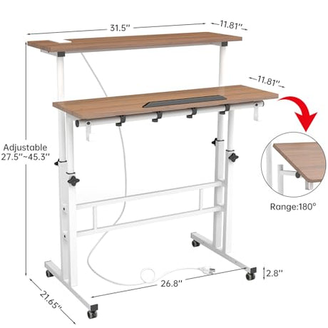 SIDUCAL Mobile Stand Up Desk with USB Ports and Outlets, Adjustable Laptop Desk on Wheels, Home Office Workstation, Rolling Laptop Cart for Standing or Sitting, 31.5" x 23.6" Vintage Oak SIDUCAL