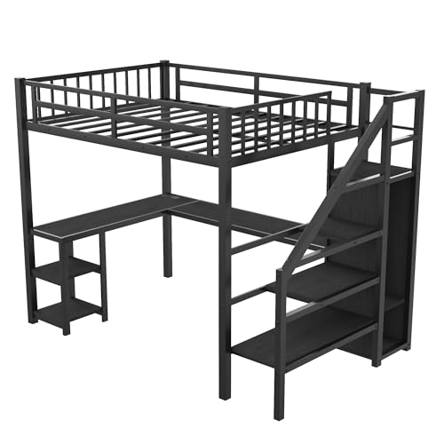 Full Size Loft Bed with Desk and Stairs Metal Full Loft Bed with Storage Wardrobe and Charging Station Adult Loft Bed with LED Lights and Adjustable Shelf for Kids Teens, Black Mirightone